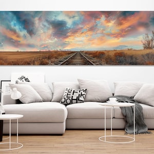 Scenic Railroad Painting Canvas Print, Railway through Field Poster, Railway Wall Art, Framed and Ready to Hang