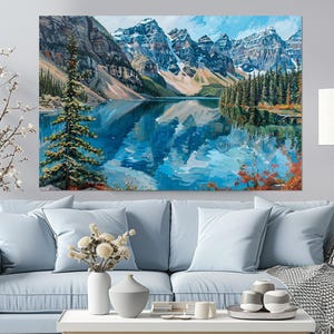 Impresión en lienzo de la pintura del lago Moraine, Parque Nacional de Canadá, paisajes del lago Moraine, arte en lienzo de las Montañas Rocosas de Alberta, enmarcado y listo para colgar.