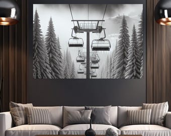 Lienzo con estampado de teleférico grande, pintura panorámica de teleférico, póster de teleférico de invierno, arte mural de esquí, regalo para esquiadores, enmarcado y listo para colgar.
