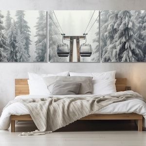 Ski Lift Panoramic Canvas Print, Scenic Ski Lift Wall Art, Skier Gift, Large Cable Car Canvas Art, Winter Wall Art, Framed and Ready to Hang