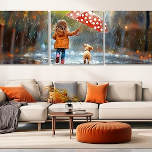 Little Girl with a Puppy under Rain Painting Canvas Print, Happyness Wall Decor, Happy Kids Wall Art, Framed & Ready to Hang