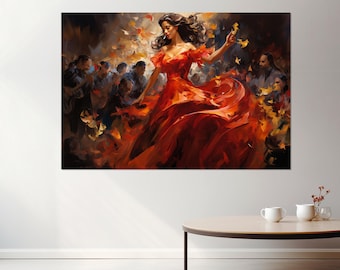 Beautiful Flamenco Dancer Painting Canvas Print, Dancing Wall Art, Vintage Bar Painting, Dancing Studio Decor, Framed and Ready to Hang