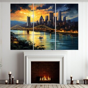 Arte de parede abstrata de Pittsburgh, impressão em tela do horizonte de Pittsburgh, pintura de Pittsburgh, decoração de parede de Pittsburgh, emoldurada e pronta para pendurar imagem 3