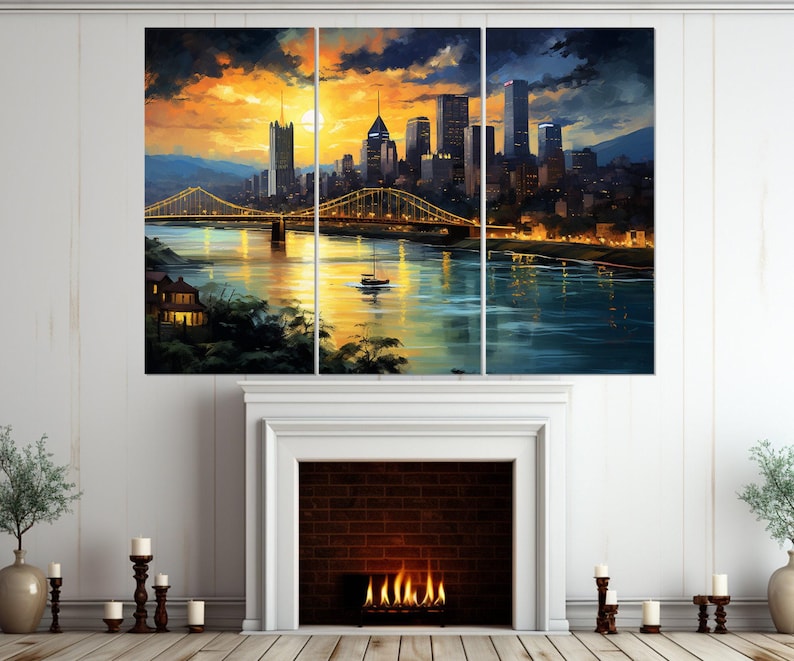 Arte de parede abstrata de Pittsburgh, impressão em tela do horizonte de Pittsburgh, pintura de Pittsburgh, decoração de parede de Pittsburgh, emoldurada e pronta para pendurar imagem 3