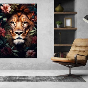 Lion in Flowers Abstract Canvas Print, Lions Wall Art, Vertical Lion Portrait, Lion Poster, Floral Lion Print, Framed and Ready to Hang