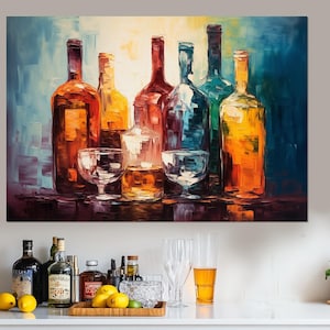 Abstract Alcohol Wall Art, Bottles with Alcohol Drinks Canvas Print, Pub Wall Art, Bartender Gift, Framed and Ready to Hang