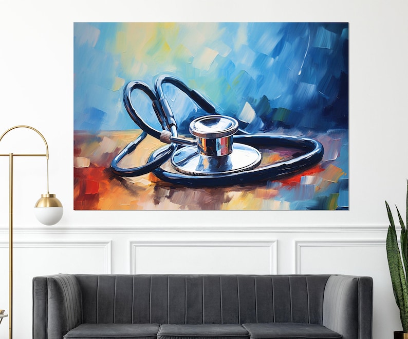 Stethoscope Painting Canvas Print, Therapist Gift, Hospital Wall Art, Framed and Ready to Hang image 1