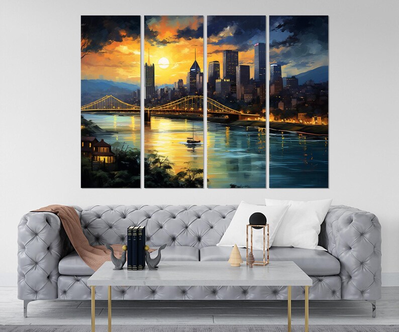 Arte de parede abstrata de Pittsburgh, impressão em tela do horizonte de Pittsburgh, pintura de Pittsburgh, decoração de parede de Pittsburgh, emoldurada e pronta para pendurar imagem 5