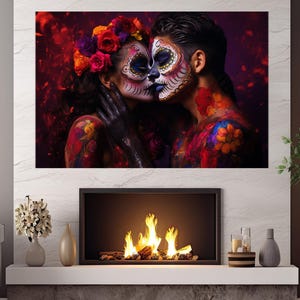 Day of the Dead Painting Canvas Print, Day of the Dead Wall Art, Day of the Dead Kiss Poster, Mexican Wall Art, Framed and Ready to Hang