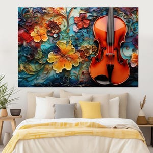 Violin in Colorful Flowers Abstract Painting Canvas Print, Violin Wall Art, Musician Gift, Violinist Gift, Framed and Ready to Hang