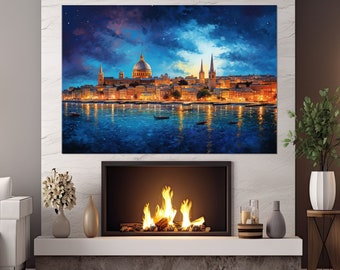 Scenic Valletta Painting Canvas Print, Valletta Skyline, Abstract Malta Wall Art, Malta Poster, Malta Canvas Print, Framed and Ready to Hang