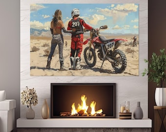 Stampa su tela con coppia di motocross, decorazione per club di motocross, decorazione murale con moto da cross, incorniciata e pronta da appendere.