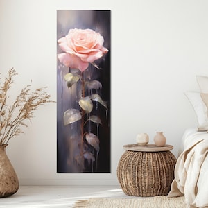Impresión en lienzo de pintura abstracta de flor de rosa suave de color rosa, arte floral de pared, decoración floral de pared, póster de rosa vertical, enmarcado y listo para colgar