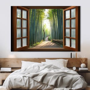 Open Window with Kyoto Bamboo Forest in Japan View Canvas Print, Bamboo Groove Window Painting, Framed and Ready to Hang image 1