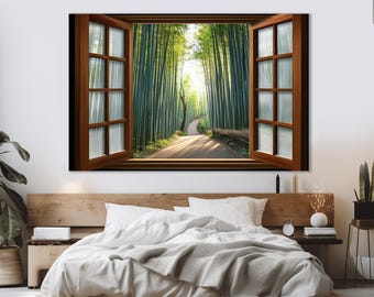 Può includere: Una cornice di finestra in legno con vista su un sentiero attraverso una foresta di bambù. La finestra è aperta e il sentiero conduce a una luce brillante in lontananza.