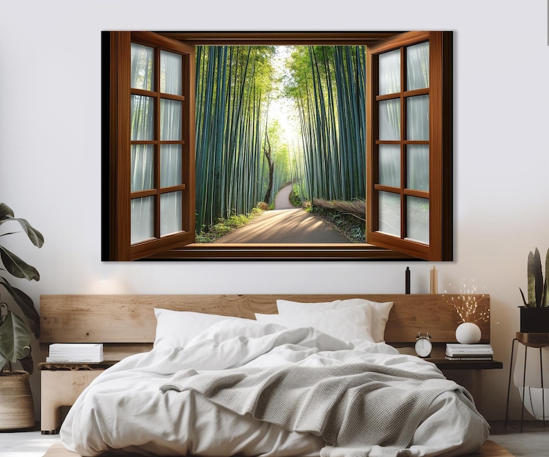 Open Window with Kyoto Bamboo Forest in Japan View Canvas Print, Bamboo Groove Window Painting, Framed and Ready to Hang image 1