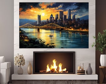 Abstract Pittsburgh Wall Art, Pittsburgh Skyline Canvas Print, Pittsburgh Painting, Pittsburgh Wall Decor, Framed and Ready to Hang