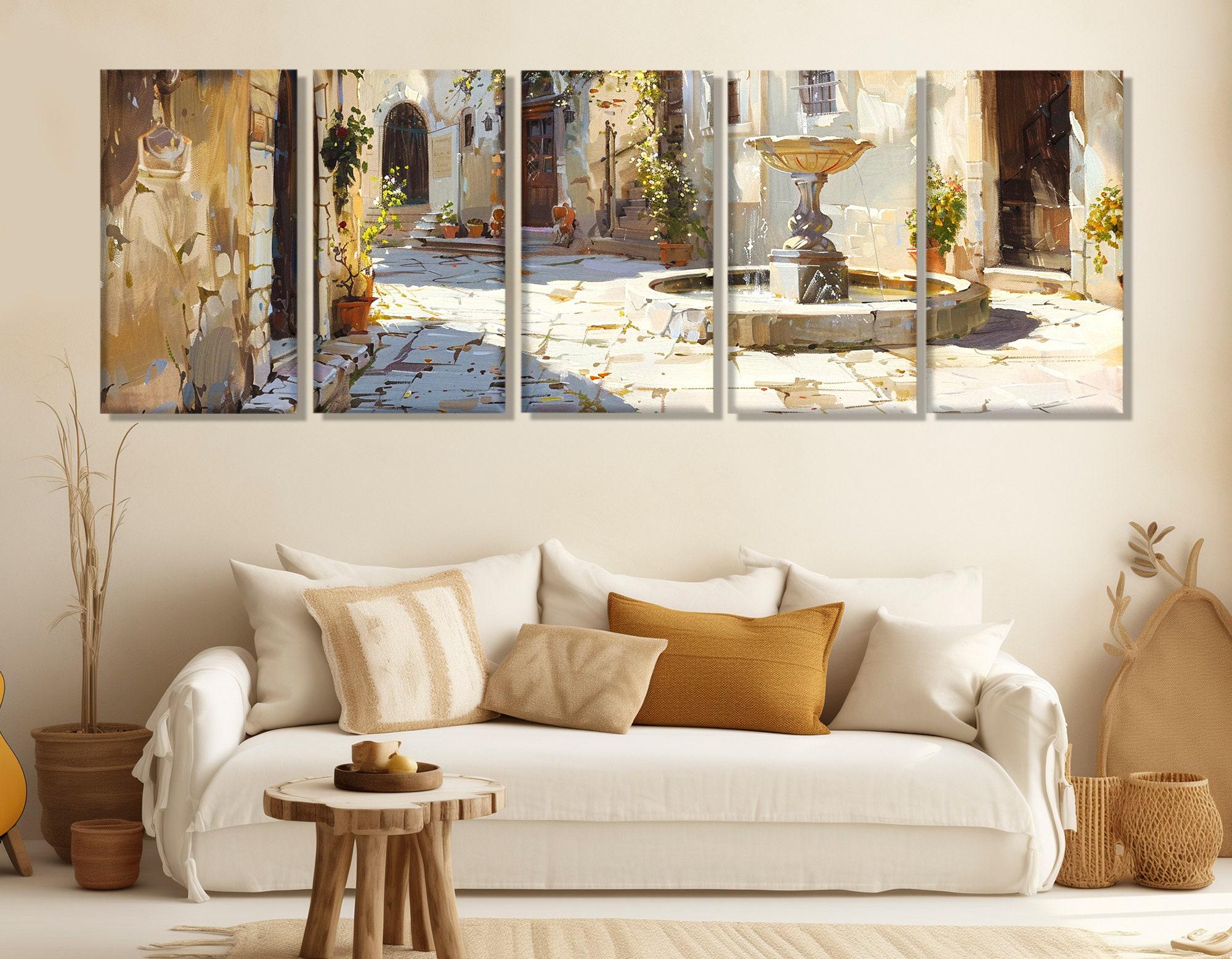 シチリア産 絵画 抽象的なシチリアの街と噴水の絵画キャンバスプリント、イタリア