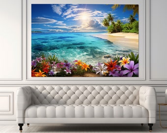 Scenic Beach Painting Canvas Print, Beach Wall Art, Colorful Floral Coast Painting, Framed and Ready to Hang