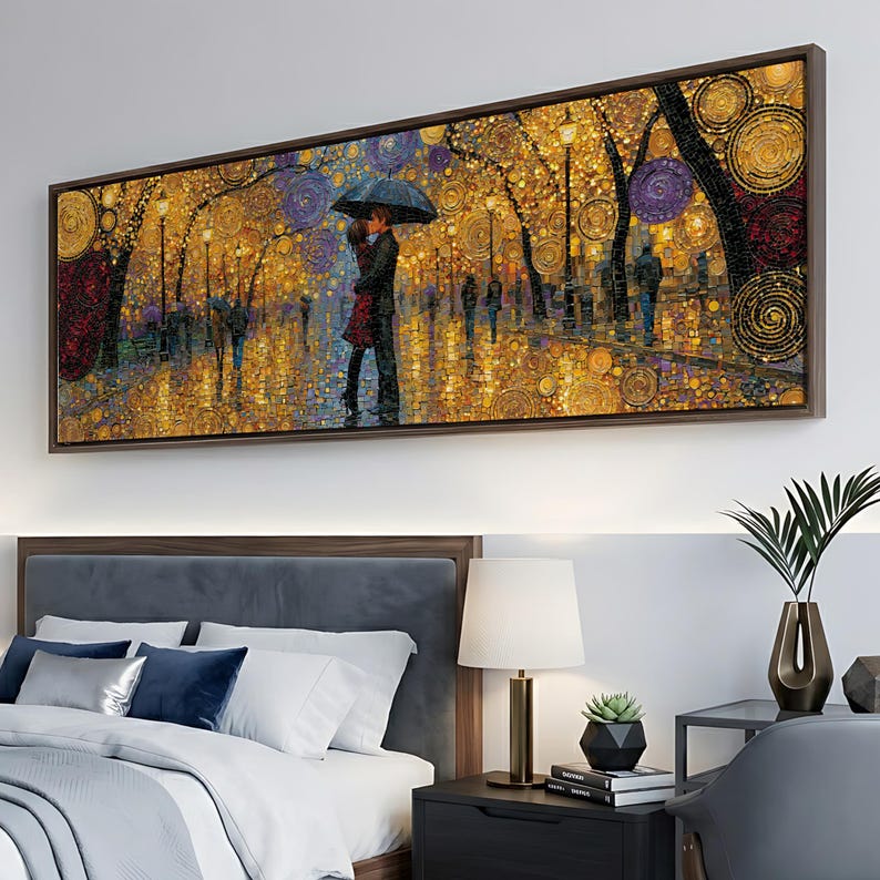 Kissing Couple Canvas Print, Romantic Rain Scene Art, Mosaic Style Wall ...