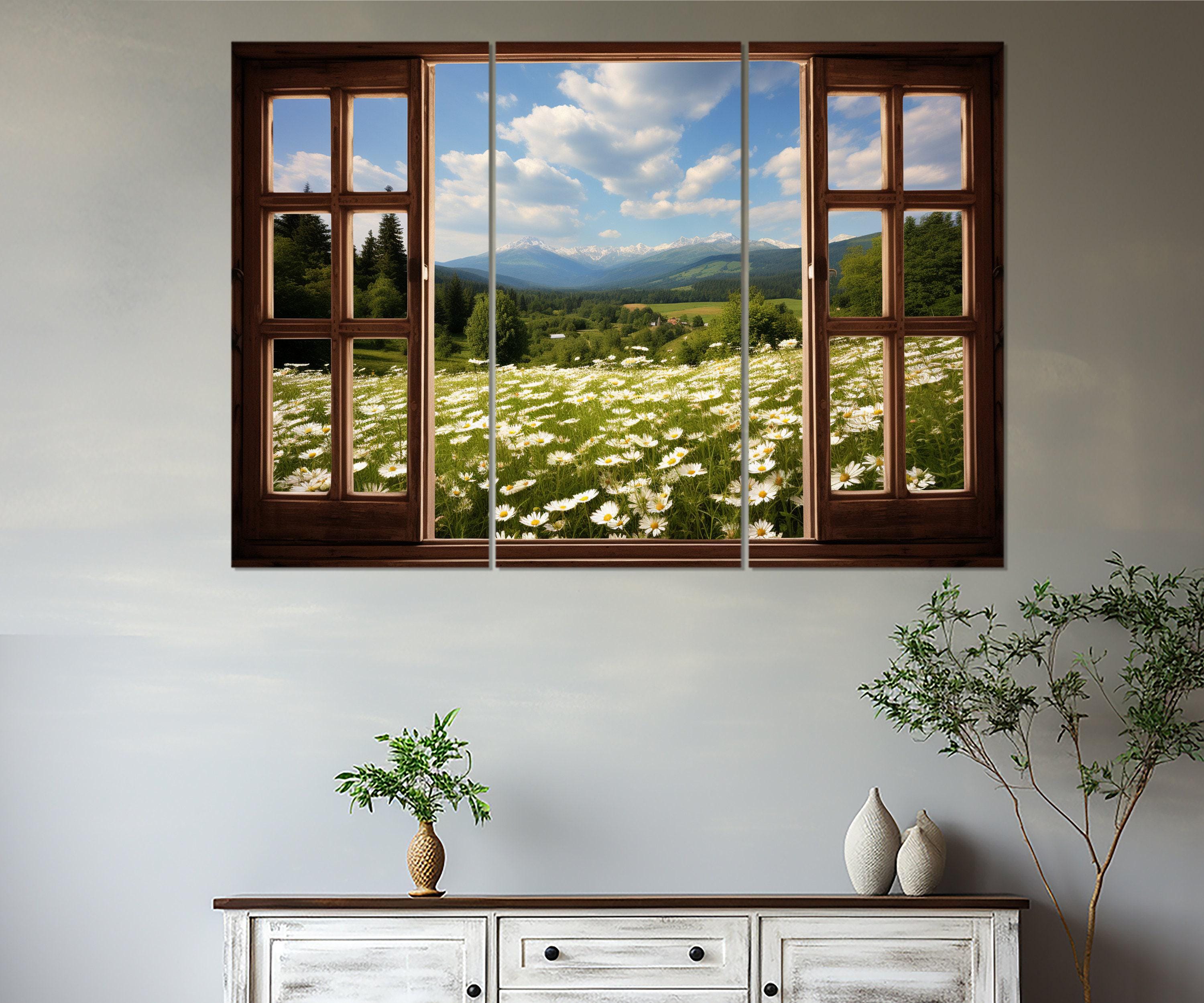 Open Window With Chamomile Field View Painting Canvas Print, Faux