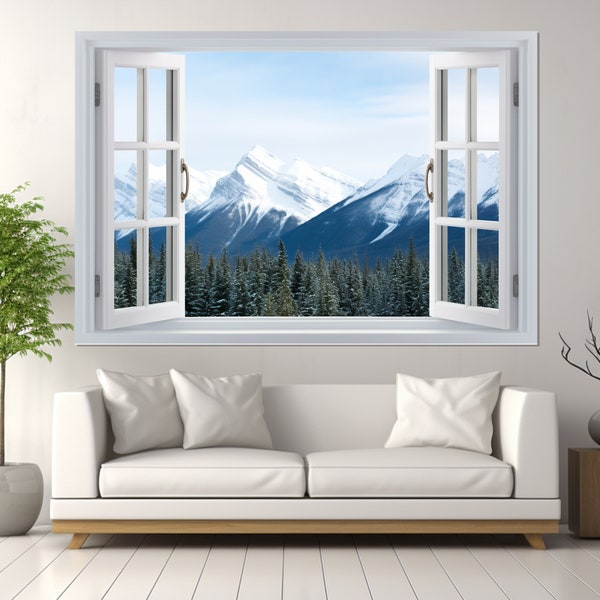 Fenêtre ouverte avec paysage de montagnes en hiver, impression sur toile, oeuvre d'art sur toile imitation fenêtre, oeuvre d'art sur toile alpine, encadrée et prête à accrocher