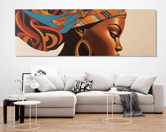 Impresión en lienzo de pintura abstracta de mujer africana, impresión de mujer negra, póster grande de mujer étnica, enmarcado y listo para colgar.