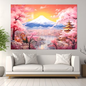 Grande dipinto su tela raffigurante il monte Fuji, arte murale giapponese, splendido dipinto del monte Fuji, decorazione murale asiatica, incorniciato e pronto da appendere.