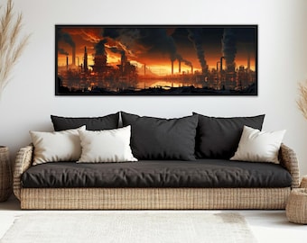 May include: A framed panoramic artwork depicts an industrial cityscape at sunset. Silhouetted factories and smokestacks emit dark plumes against a fiery orange and red sky. The artwork is displayed above a black sofa with white pillows.