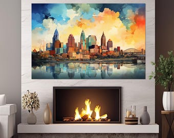 Abstract Kansas City Skyline Canvas Print, Kansas City Painting, Missouri Canvas Art, Kansas City Wall Art, Framed and Ready to Hang