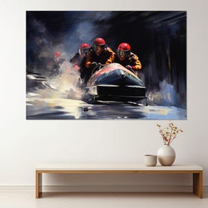 Puede incluir: Una pintura de un equipo de bobsleigh corriendo por una pista. El equipo lleva cascos rojos y trajes de carreras. El bobsleigh es negro y rojo y se mueve a gran velocidad. La pintura está hecha en un estilo realista y captura la emoción de la carrera.