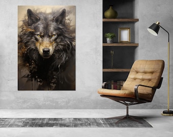 Wolf Portrait Painting Canvas Print, Abstract Black Wolf Poster, Hunting Wall Art, First Nations Wall Art, Framed and Ready to Hang