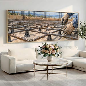 Steel Fixer Canvas Print, Tying Rebar Grid for Concrete Foundation, Construction Wall Art