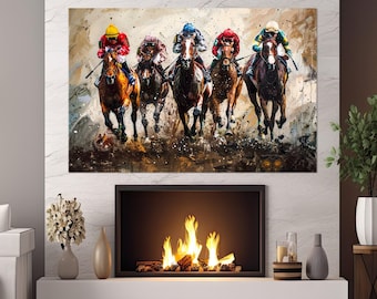 Horse Racing Canvas Print, Horses Wall Art, Horse Racing Painting, Horse Racing Fan Gift, Kentucky Derby Wall Art, Framed and Ready to Hang