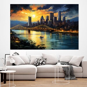 Arte de parede abstrata de Pittsburgh, impressão em tela do horizonte de Pittsburgh, pintura de Pittsburgh, decoração de parede de Pittsburgh, emoldurada e pronta para pendurar imagem 6