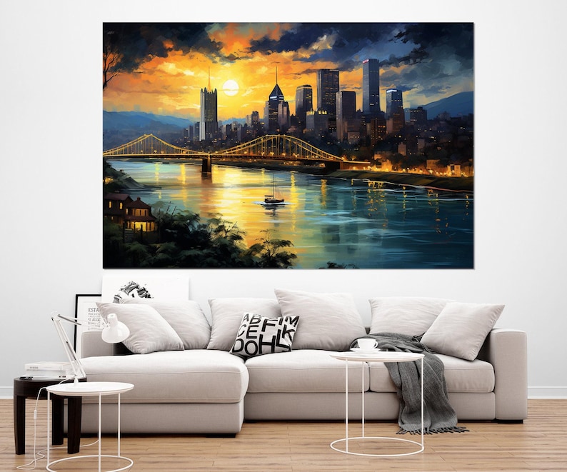 Arte de parede abstrata de Pittsburgh, impressão em tela do horizonte de Pittsburgh, pintura de Pittsburgh, decoração de parede de Pittsburgh, emoldurada e pronta para pendurar imagem 6