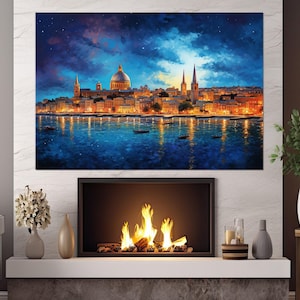 Scenic Valletta Painting Canvas Print, Valletta Skyline, Abstract Malta Wall Art, Malta Poster, Malta Canvas Print, Framed and Ready to Hang