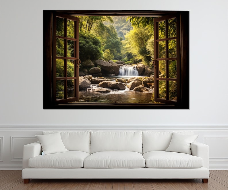 Window Frame Sceneic Picture Open Window With Scenic Waterfall View Painting Canvas Print, Faux ...