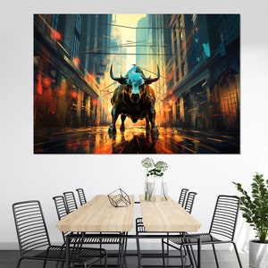 Charging Bull Painting Canvas Print, Wall Street Canvas Art, Charging Bull Wall Art, Framed and Ready to Hang