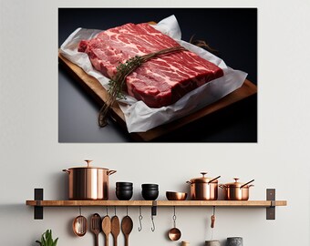 Muurdecoratie slagerij, canvasprint vers vlees, cadeau slager, muurdecoratie keuken, kalfsvlees print, ingelijst en klaar om op te hangen