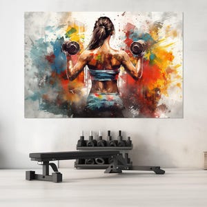 Girl with Dumbbells Painting Canvas Print, Gym Wall Decor, Women Workout Wall Art, Fitness Canvas Print, Framed and Ready to Hang