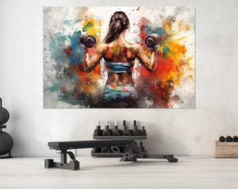 Puede incluir: Una pintura de acuarela de una persona levantando pesas. La persona lleva un sujetador deportivo y pantalones cortos. El fondo es un diseño abstracto colorido.