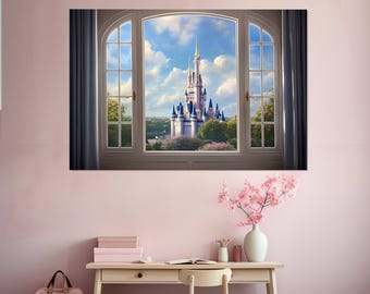 Open Window with Fairytale Сastle View Canvas Print, Nursery Painting, Girl Room Decor, Framed and Ready to Hang