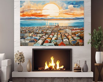 Abstract Reykjavik Painting Canvas Print, Reykjavik Wall Art, Reykjavik Skyline, Reykjavik Poster, Iceland Wall Art, Framed & Ready to Hang