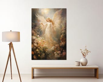 美しい花の中の天使の絵画キャンバスプリント、天使の壁アート、天使の
