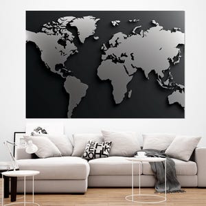 Abstract Monochrome World Map Canvas Print, Minimalist World Map Wall Art, Modern Office Decor, World Map Print, Framed and Ready to Hang