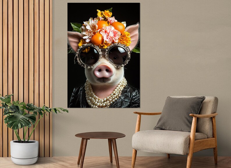 Cool Lady Pig in Sunglasses Canvas Print, Elegant Pig Wall Art, Pig