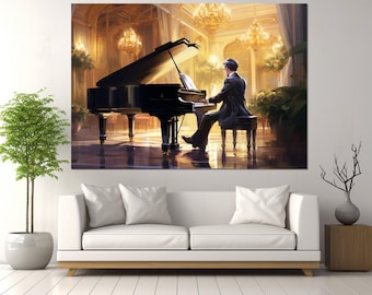 Abstract Pianist Playing Grand Piano Canvas Print, Piano Wall Art, Piano Painting, Pianist Gift, Framed and Ready to Hang