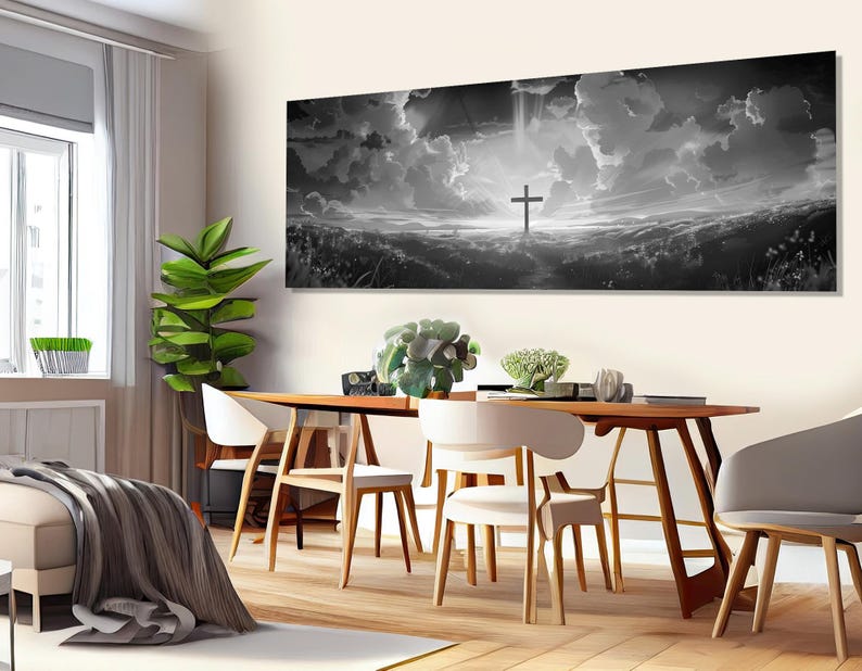 Arte de parede da Bíblia, O poder da cruz, impressão em tela, arte de parede religiosa em preto e branco, emoldurada e pronta para pendurar imagem 1