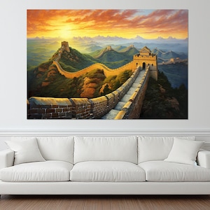 Great Wall of China Sunset Painting Canvas Print, Chinese Wall Art, China Painting, Framed and Ready to Hang